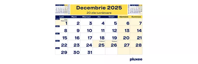 Calendar zile lucrătoare 2024, 12 - pluxee.ro
